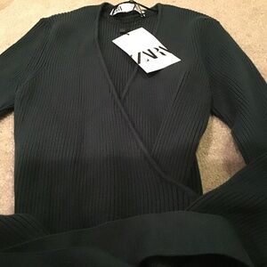 Zara bottle dark green wrap sweater size L new with tags